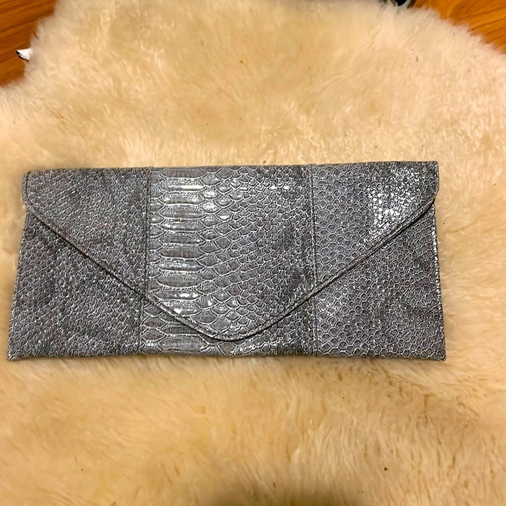 Grey faux leather metallic envelope bag